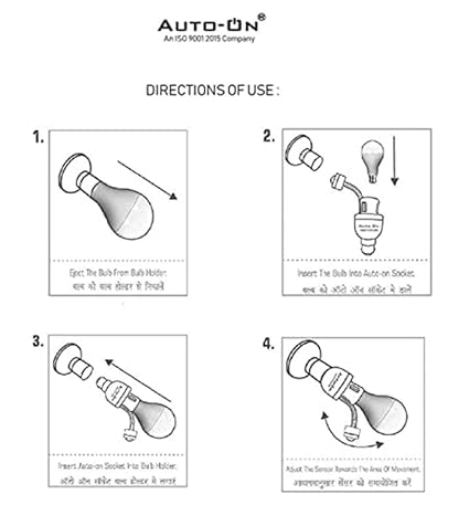 Instructions for using a light bulb holder with Auto-On branding.