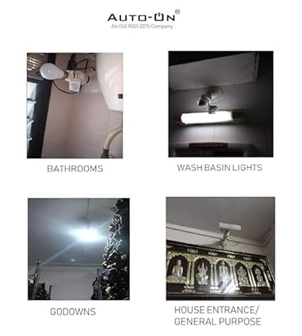 Advertisement for Auto-ON lighting products showing their use in bathrooms, wash basin lights, godowns, and house entrance.