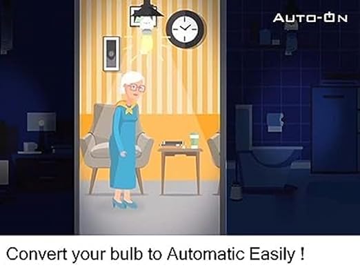 Animated scene of an elderly woman in a living room with text promoting automatic light bulb conversion.