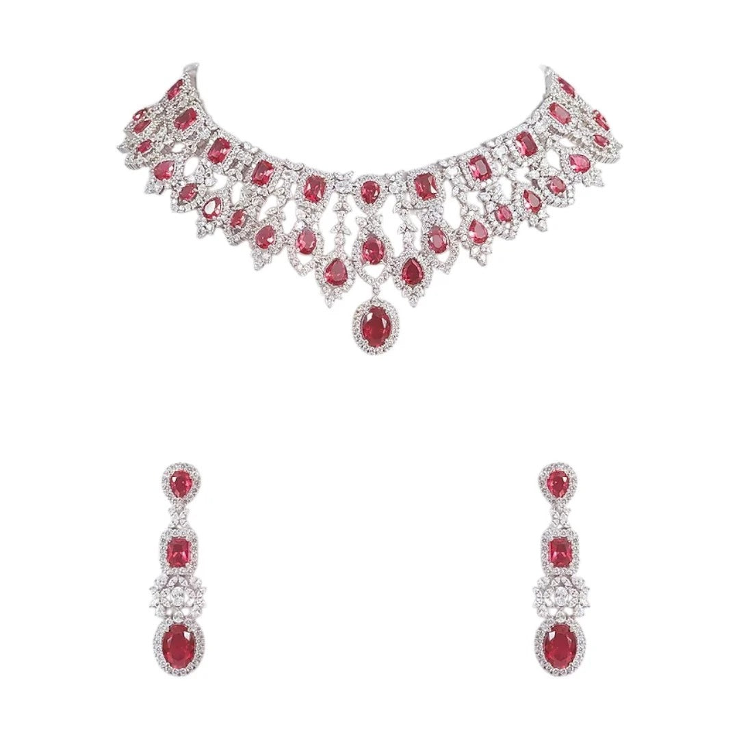 Auraa Kunad Luxury Silver-Plated Choker Necklace Set with Ruby Red Stones