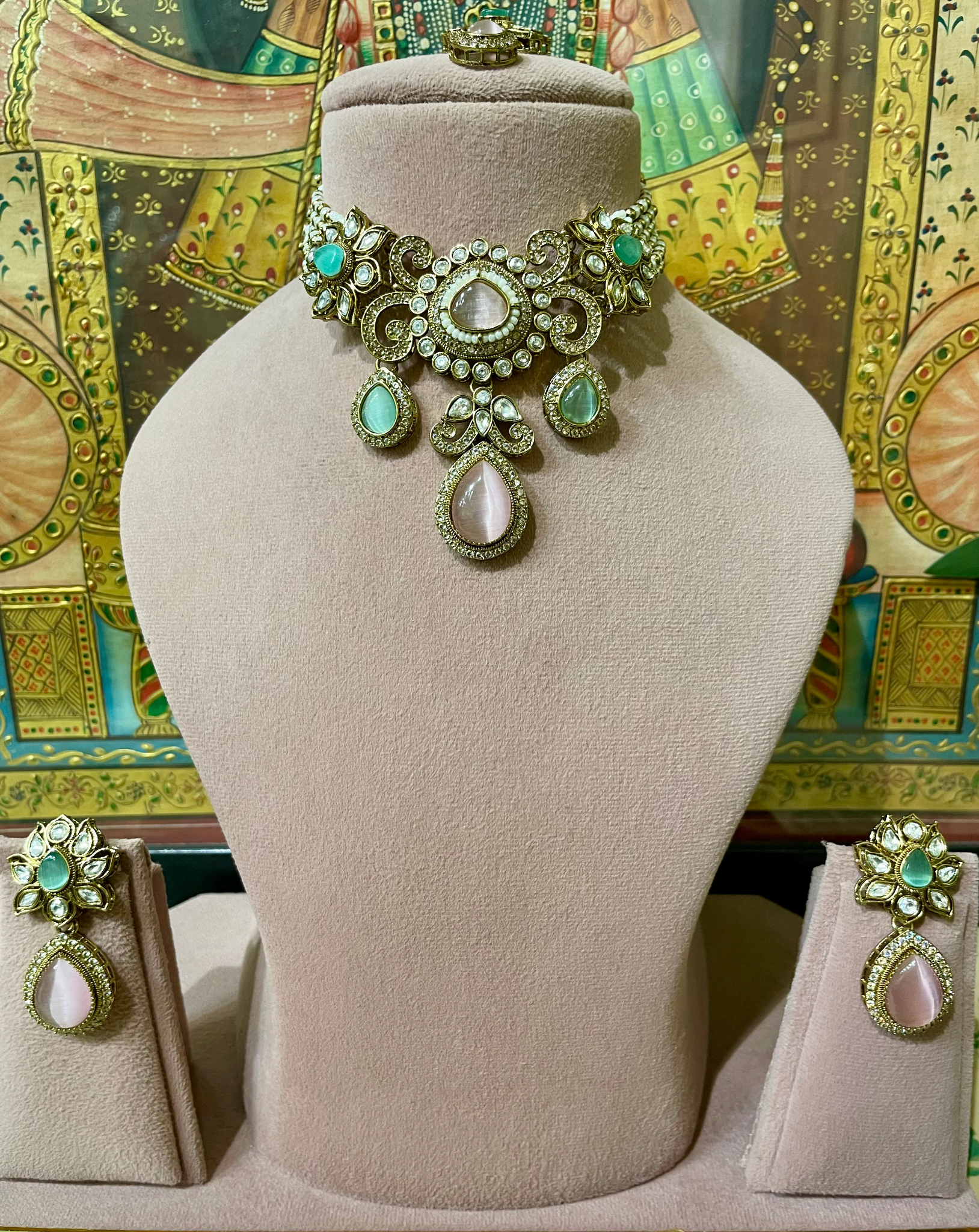 DRY Royal Kundan Choker Necklace Set with Mint Green & Blush Pink Stones | Bridal Wedding Jewelry Set