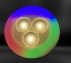 Circular light fixture with three glowing bulbs on a dark background

