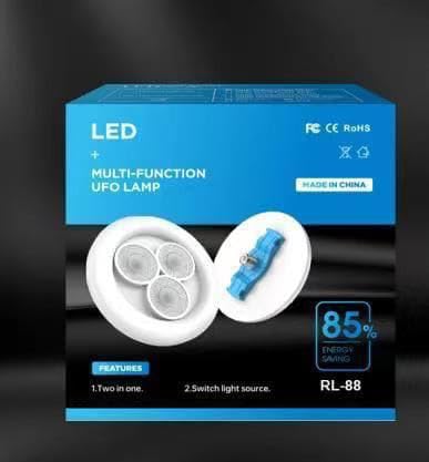LED multi-function UFO lamp packaging with blue and black design
