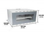 White oven with dimensions labeled on a white background