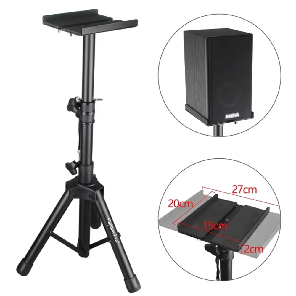 Black adjustable speaker stand with measurements on a white background

