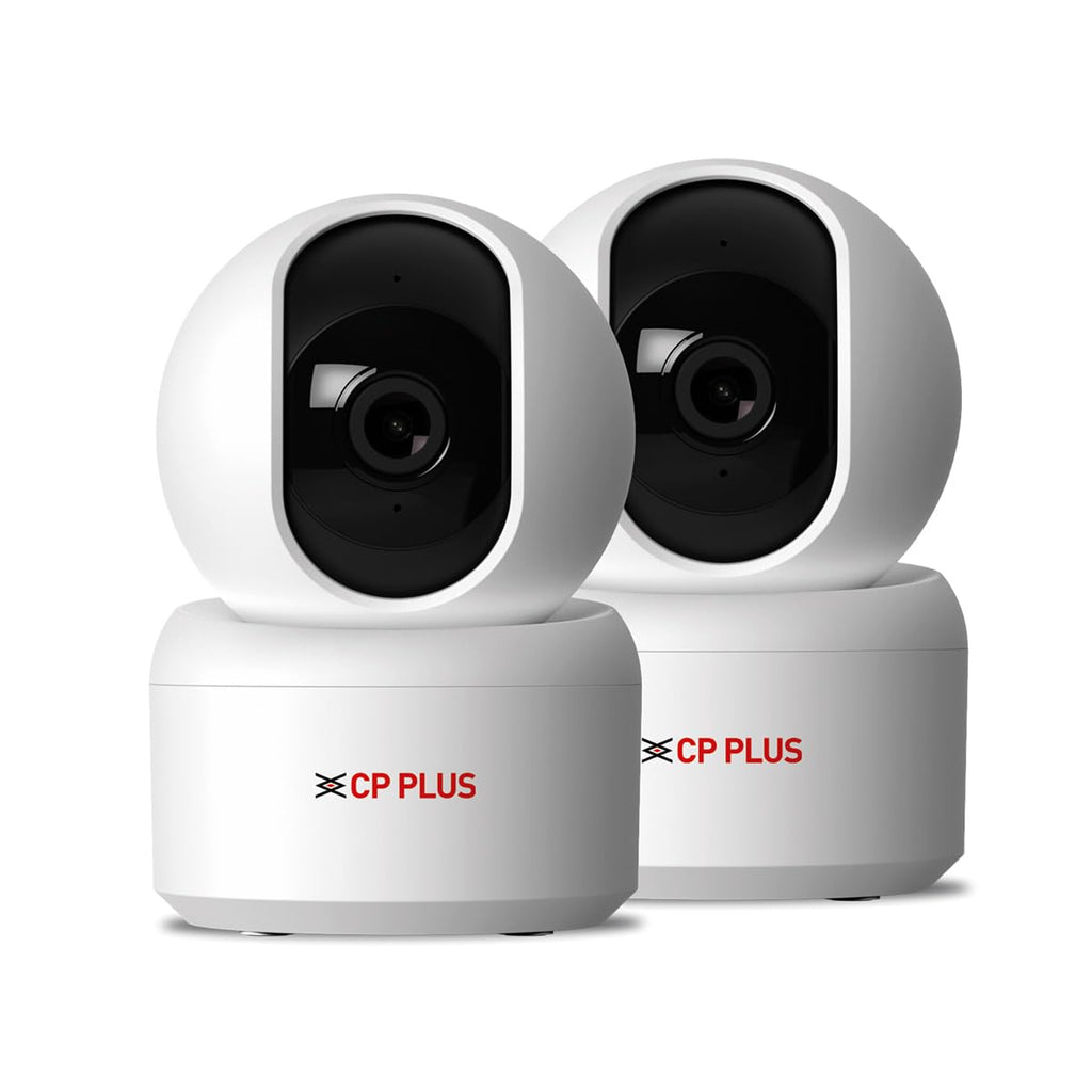 Two CP Plus security cameras on a white background