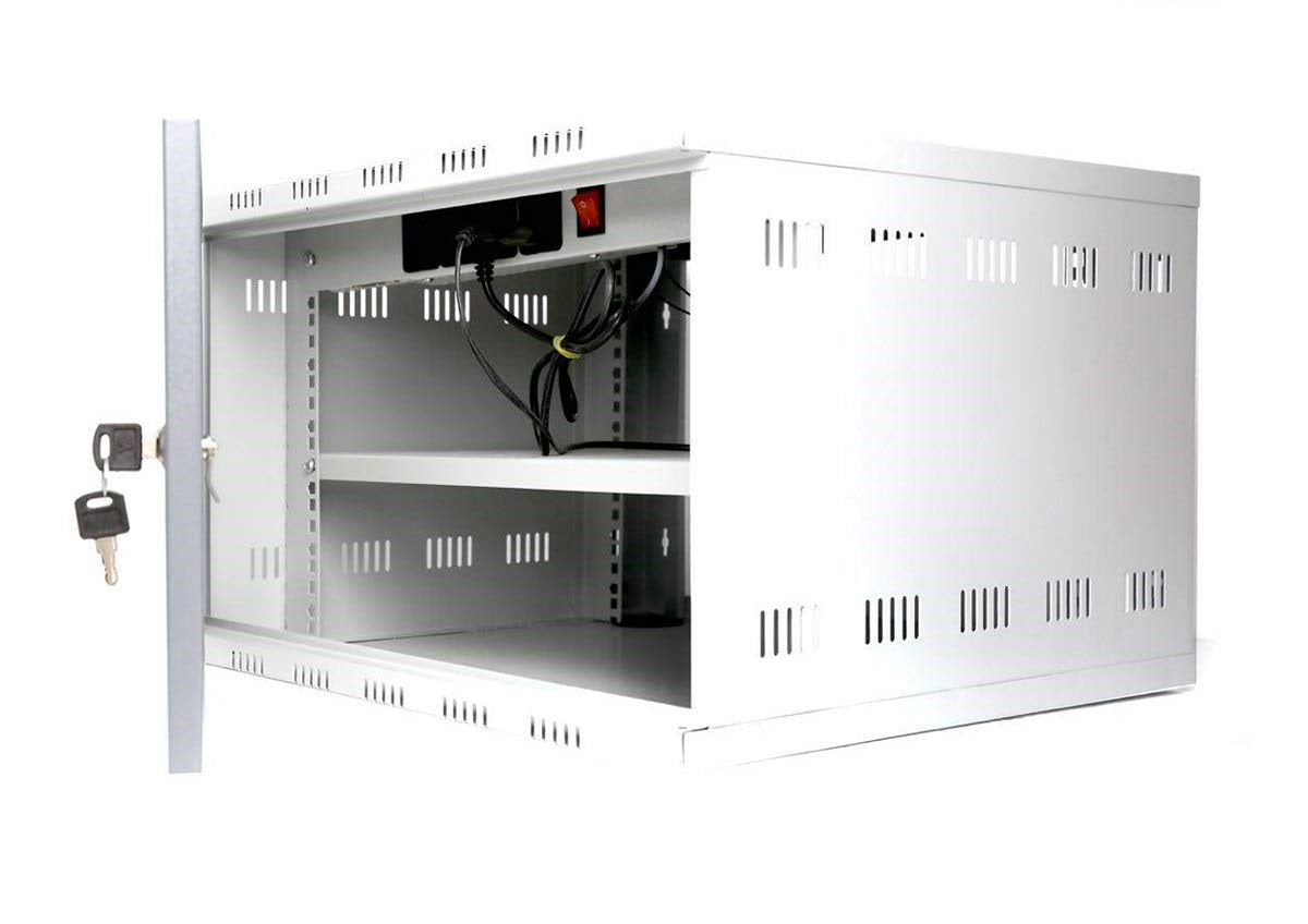 Metal server rack with open door on a white background