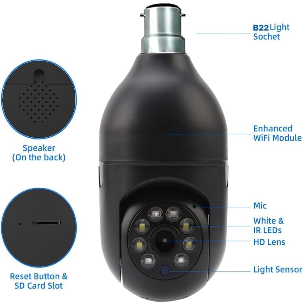 Guard-Well Light Bulb Wireless IP WiFi, Bulb Camera 360 1080p WiFi Panoramic Mini Lamp IR CCTV 1080p Video Home Security Light Wireless Camera (Black Light)
