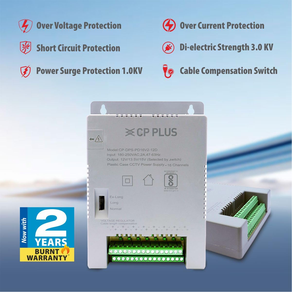 CP PLUS 16 Channel CCTV Power Supply SMPS | 12V 8A High Efficiency Adapter with LED Indicators | EMI Filter | Overload & Short Circuit Protection for Dome, Bullet & PTZ Cameras |CP-DPS-PD16V2-12D