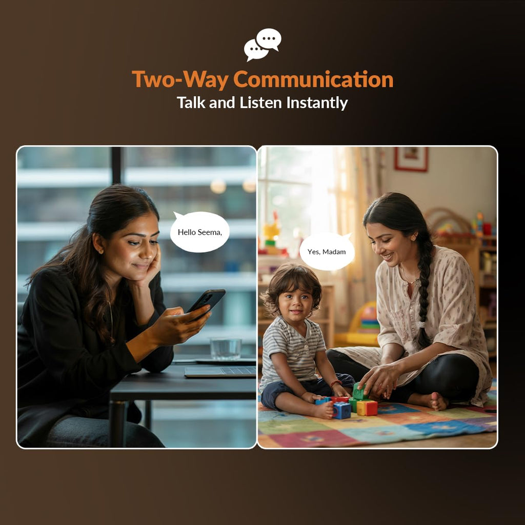 Two-way communication app advertisement with a woman using a phone and another woman playing with a child.