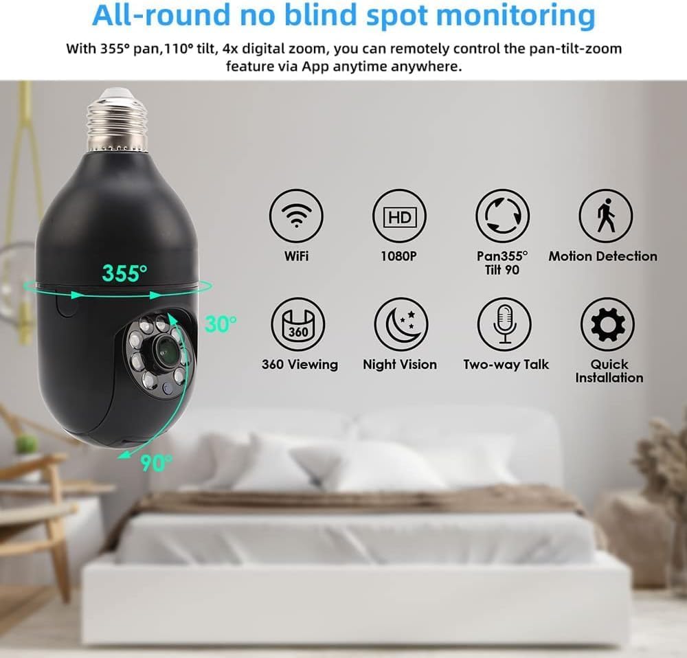 Guard-Well Light Bulb Wireless IP WiFi, Bulb Camera 360 1080p WiFi Panoramic Mini Lamp IR CCTV 1080p Video Home Security Light Wireless Camera (Black Light)