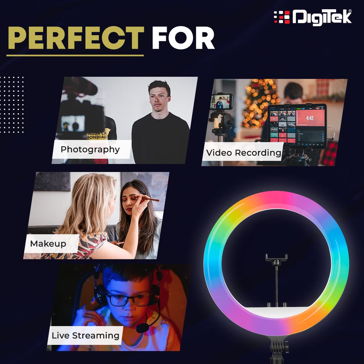 DIGITEK® (DRL-18 RGB) 18 Inch Multi-Color LED Ring Light with Remote Control & Smartphone Holder - Adjustable Color Temperature & Brightness, 360° Adjustment - Video & Photoshoot (Without Stand)