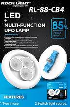LED multi-function UFO lamp with packaging on a blue and black background

