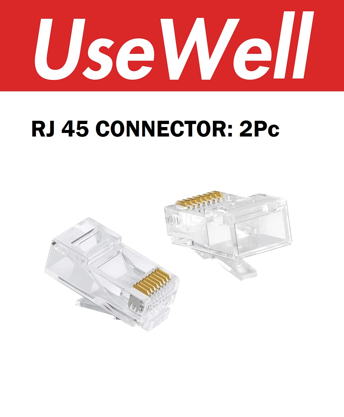 Two RJ45 connectors with 'UseWell' branding on a white background