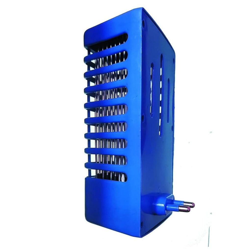 Blue metal component with cylindrical elements on a white background

