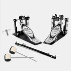 Two iron cobra drum pedals with stands and mallets on a white background
