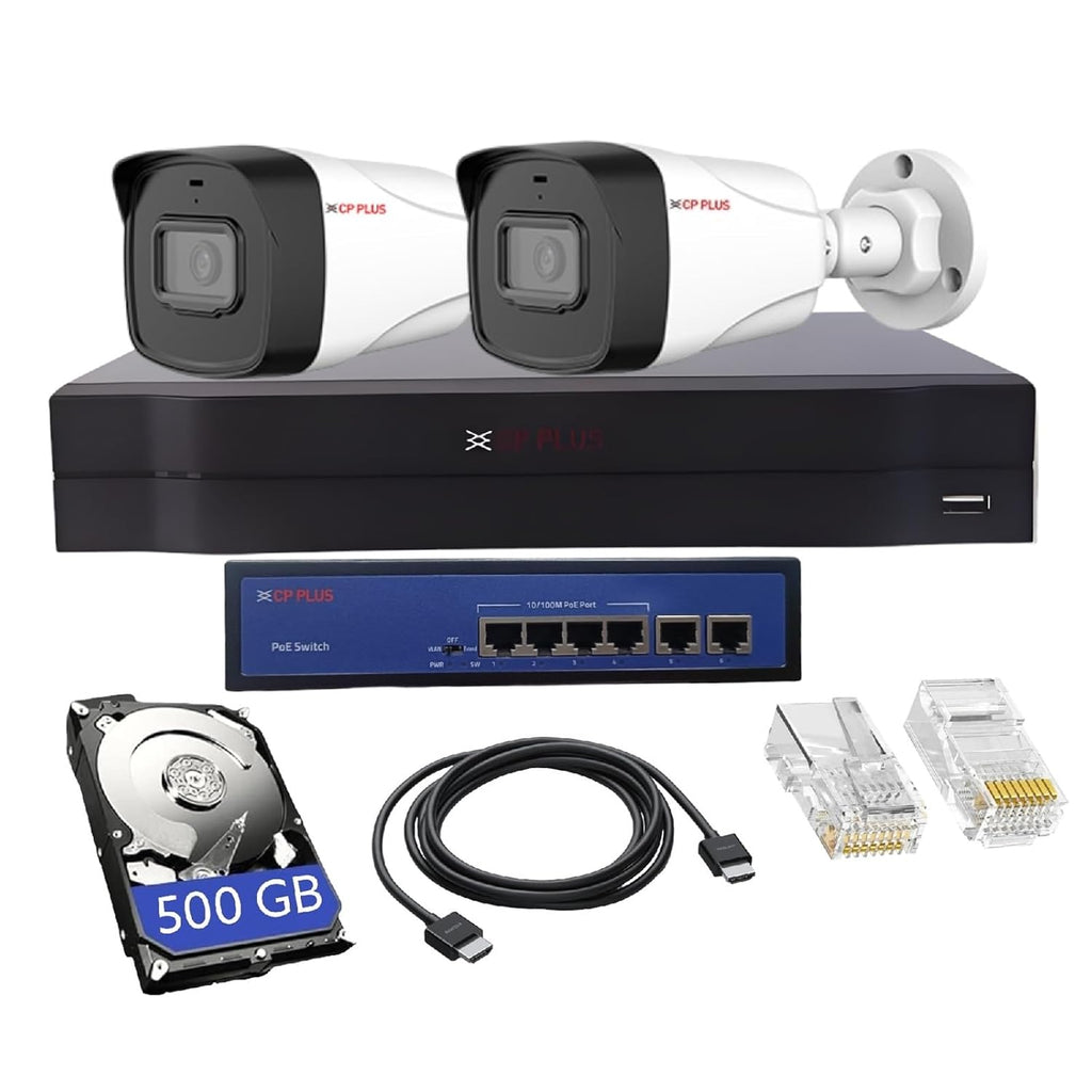 Security camera system with DVR, hard drive, cables, and connectors on a white background