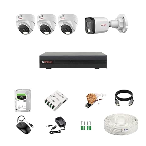 CP Plus 2.4MP 4 Channel DVR, 2.4MP 3 Dome & 1 Bullet Cameras [Color Night Vision + Built-in Audio MIC + Smart Dual Light + Motion Detection] + 1 TB HDD + 4 CH SMPS + CCTV Cable + BNC/DC