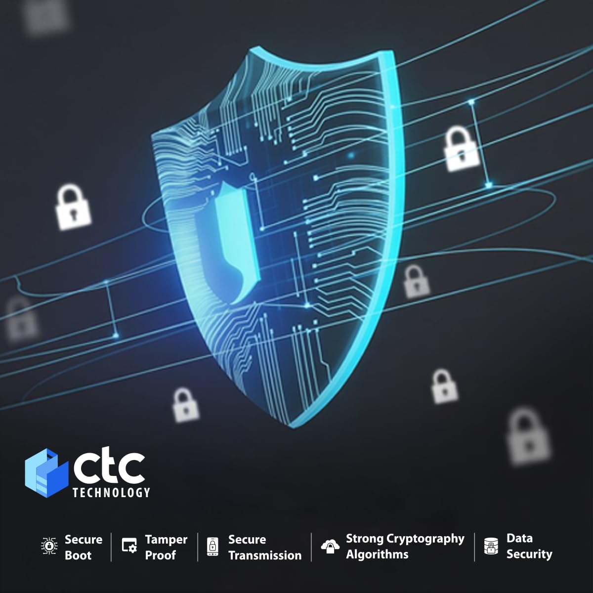 Shield with digital circuitry on a dark background with lock icons, featuring the CTC Technology logo.
