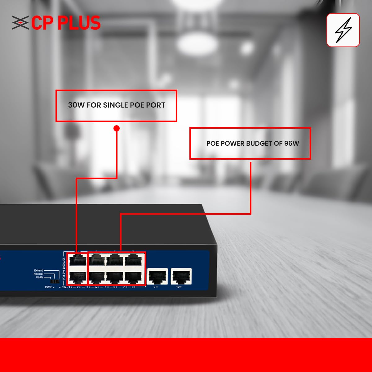 CP Plus 10 Ports Fast Ethernet with 8 PoE Ports (10/100 Mbps) & 2 Uplink Ports (100 Mbps) POE Switch | Max. 30W Output of Single PoE Port | LED Light Indicators | Plug & Play - CP-DNW-HPU8H2-96-V2