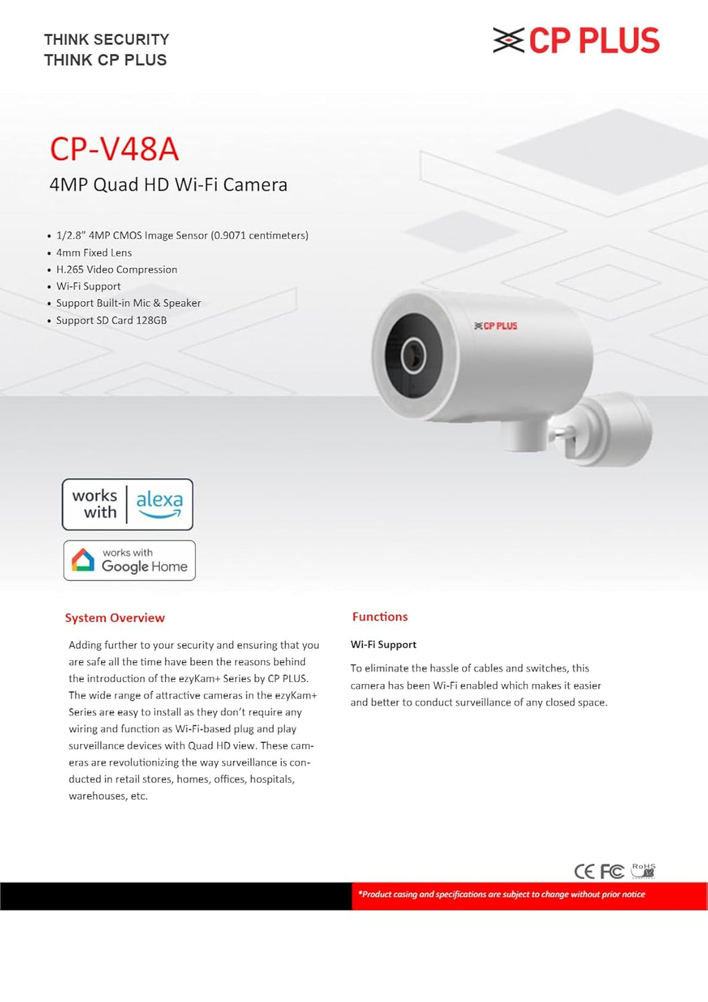 CP PLUS CP-V48A 4MP Quad HD Wi-Fi camera with features listed on a white background.