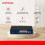 CP Plus 10 Ports Fast Ethernet with 8 PoE Ports (10/100 Mbps) & 2 Uplink Ports (100 Mbps) POE Switch | Max. 30W Output of Single PoE Port | LED Light Indicators | Plug & Play - CP-DNW-HPU8H2-96-V2
