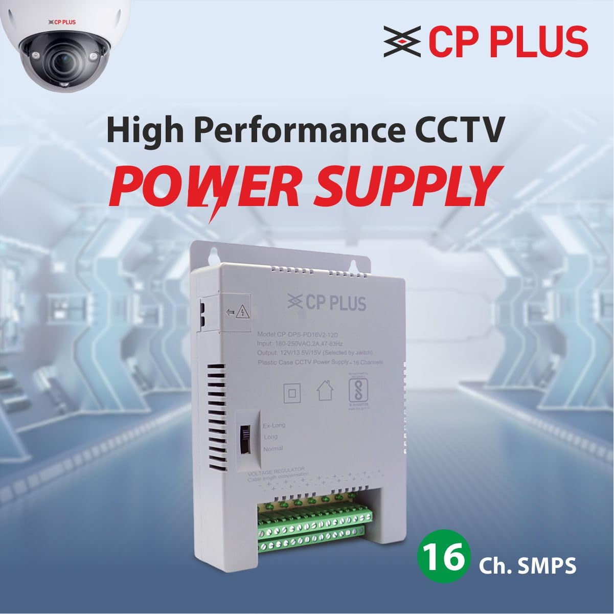 CP PLUS 16 Channel CCTV Power Supply SMPS | 12V 8A High Efficiency Adapter with LED Indicators | EMI Filter | Overload & Short Circuit Protection for Dome, Bullet & PTZ Cameras |CP-DPS-PD16V2-12D