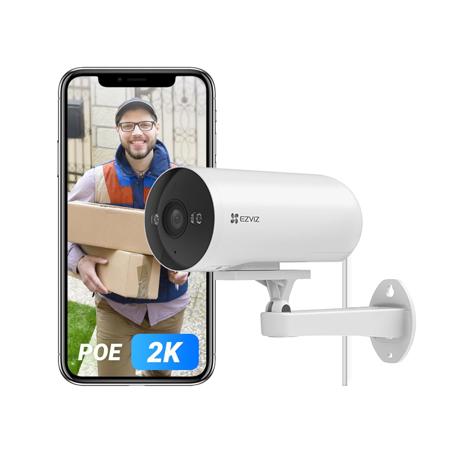 White security camera with smartphone displaying a person holding a package, on a white background

