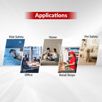 Illustrations of various application scenarios including kids safety, home, pet safety, office, and retail shops on a white background.