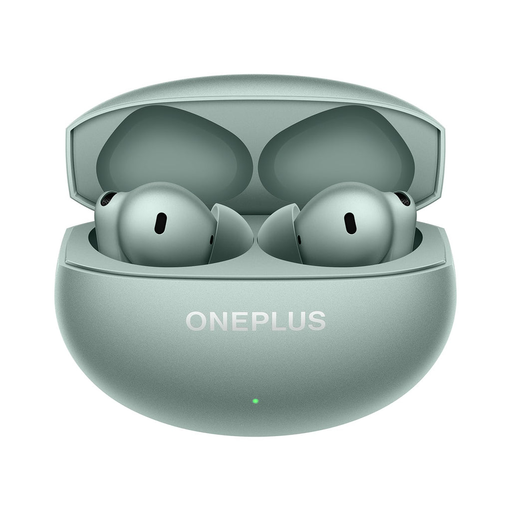 OnePlus wireless earbuds in a charging case on a white background

