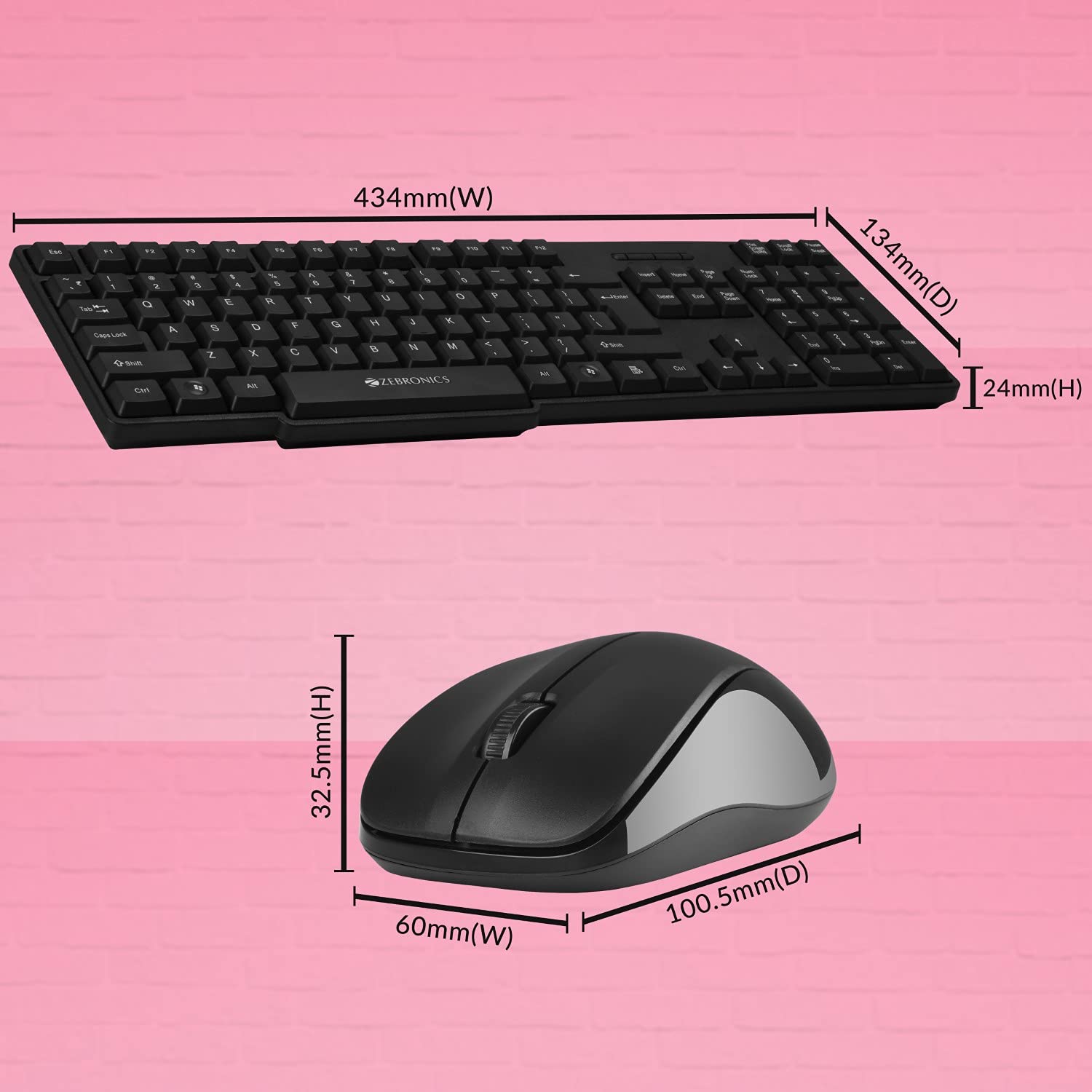 ZEBRONICS Companion 107 2.4GHz Wireless Keyboard & Mouse Combo, 104 Keys, UV Printed keycaps, 12 Integrated Multimedia Keys, 3 Button Mouse, 1200 DPI, High Precision, Advanced Optical Sensor (Black)