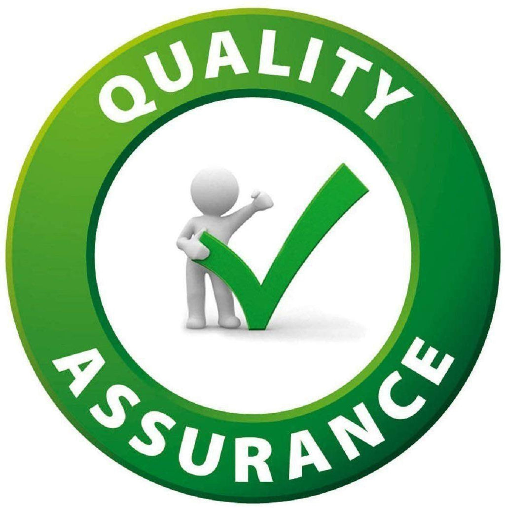 Quality assurance logo with a person holding a green check mark on a white background