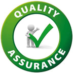 Quality assurance logo with a person holding a green check mark on a white background