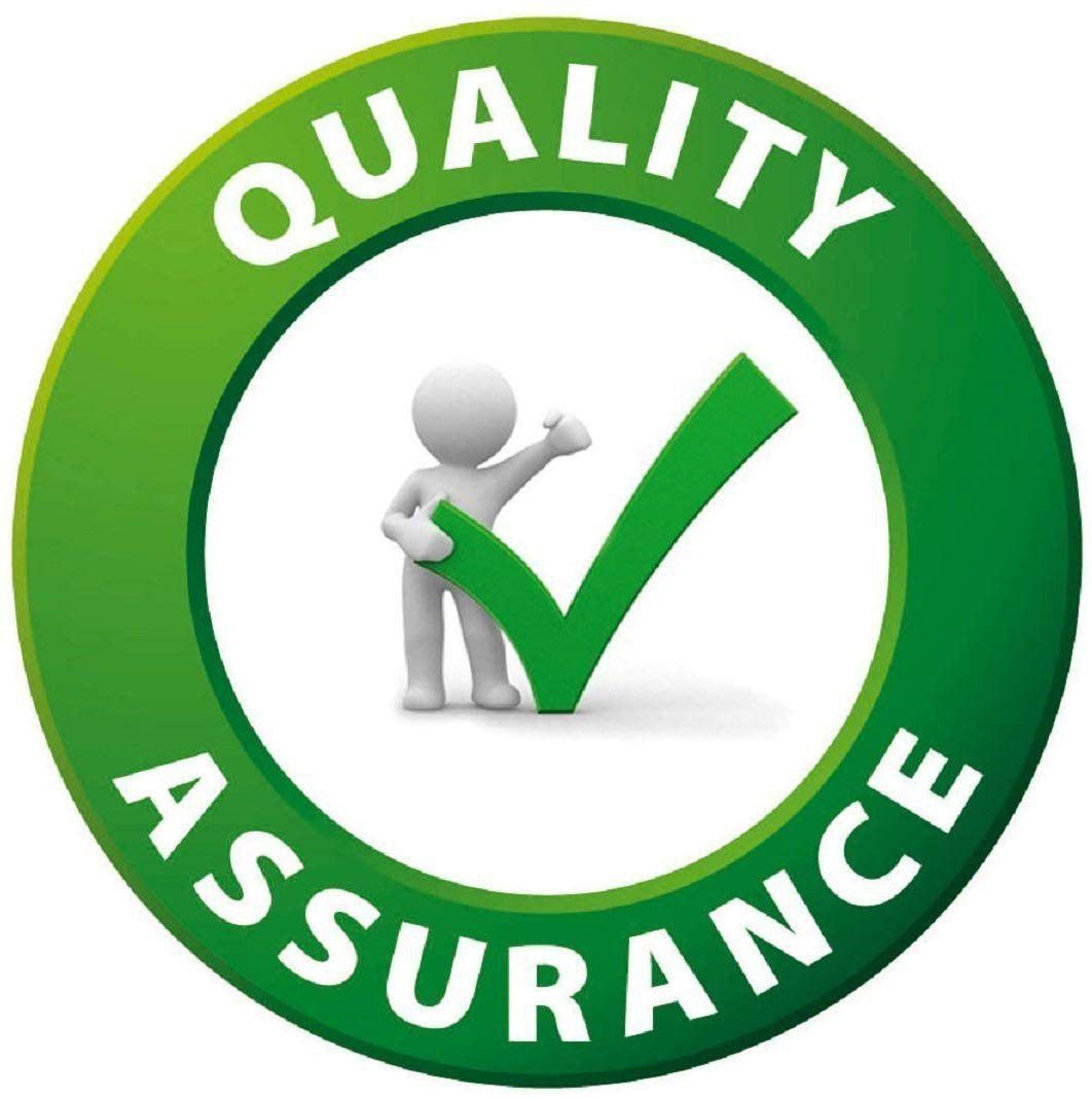 Quality assurance logo with a person holding a green check mark on a white background