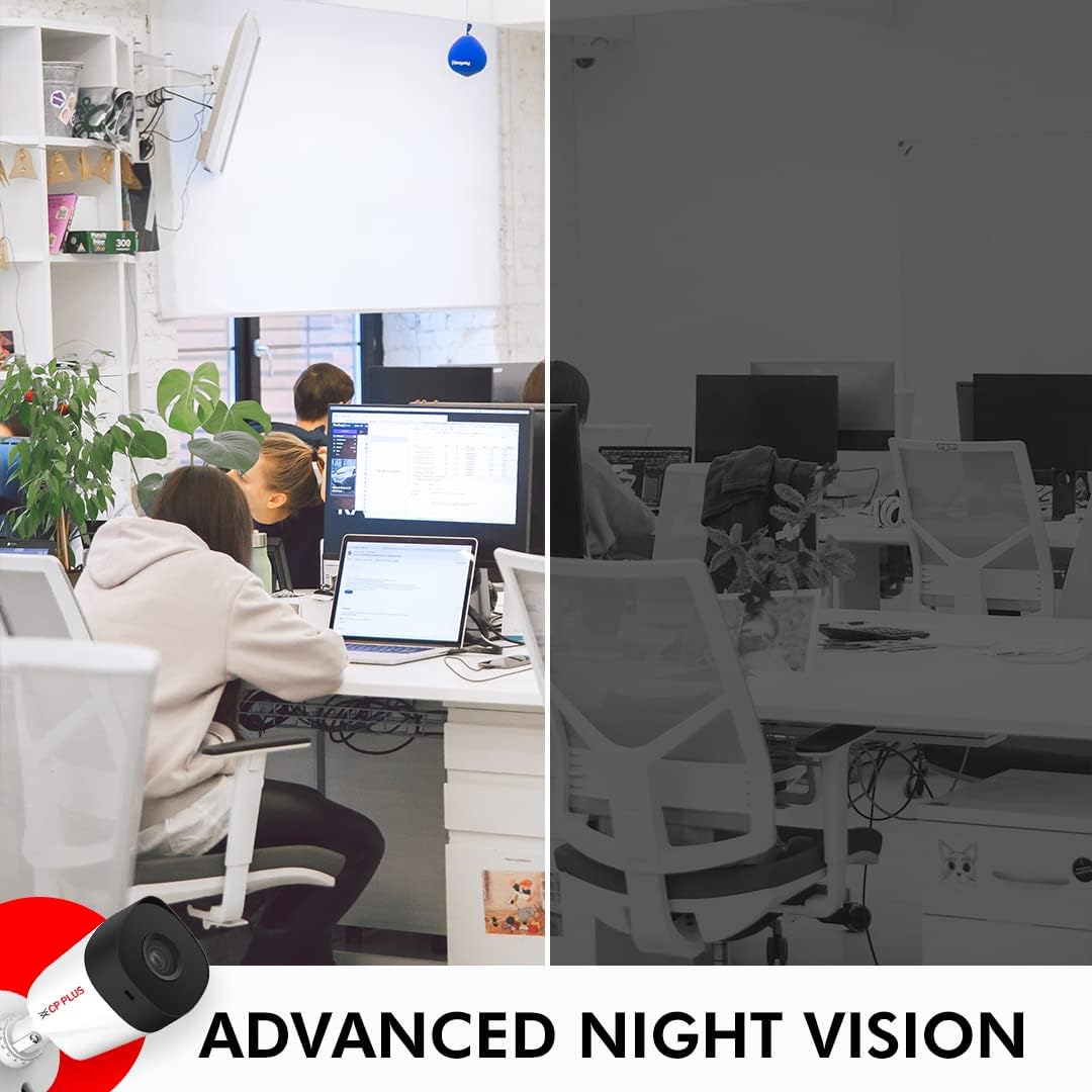 Comparison of office scene with and without advanced night vision technology.
