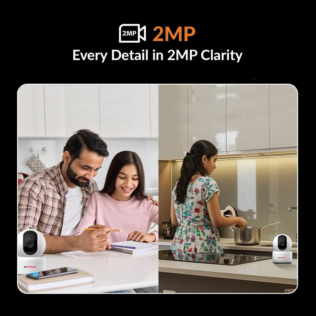 Two scenes showing a couple and a child in a kitchen with a camera labeled '2MP' highlighting clarity.