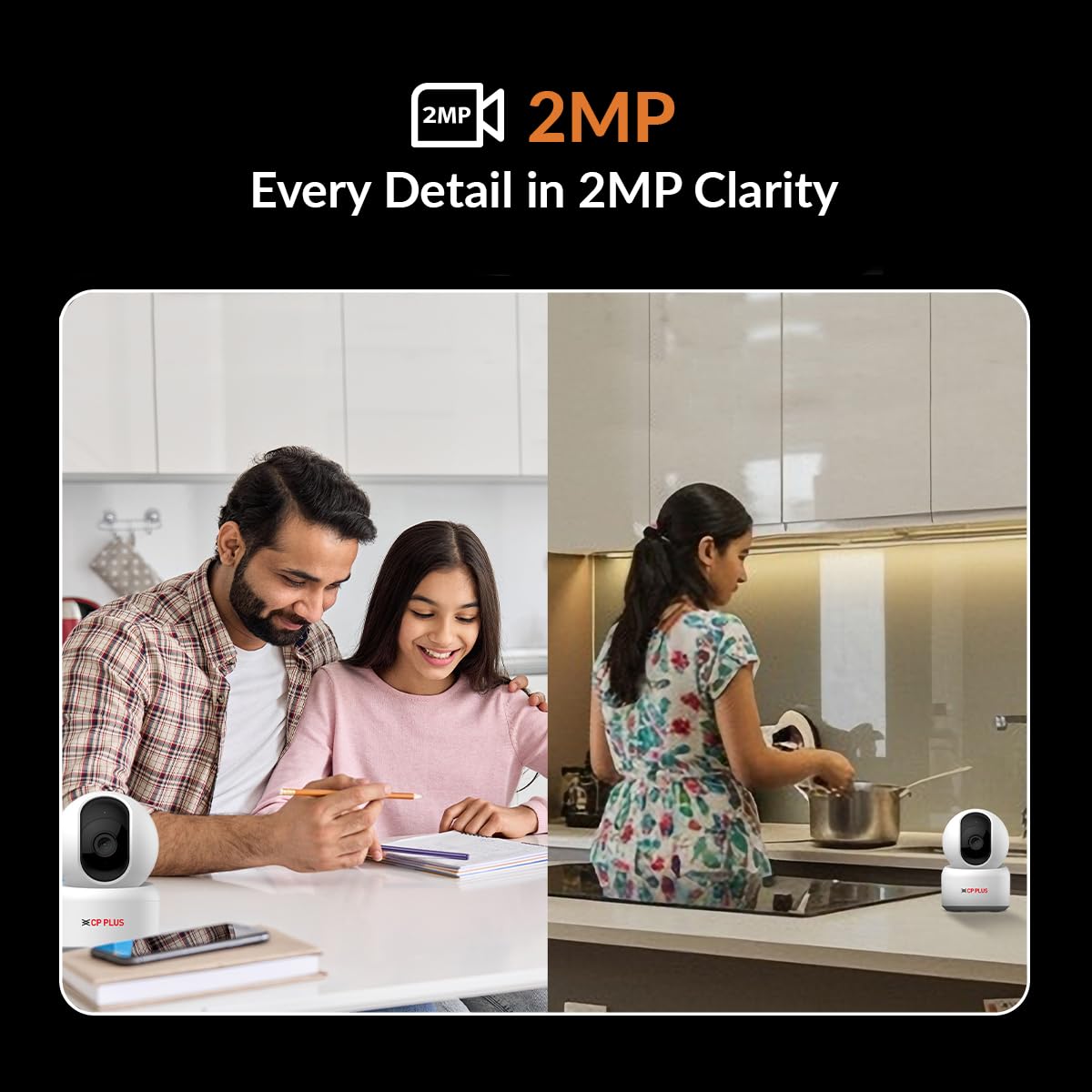 Two scenes showing a couple and a child in a kitchen with a camera labeled '2MP' highlighting clarity.