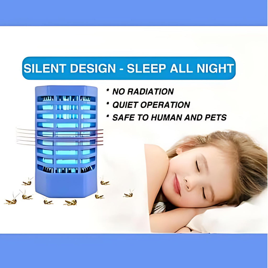 Mosquito killer lamp with a child sleeping and text highlighting features

