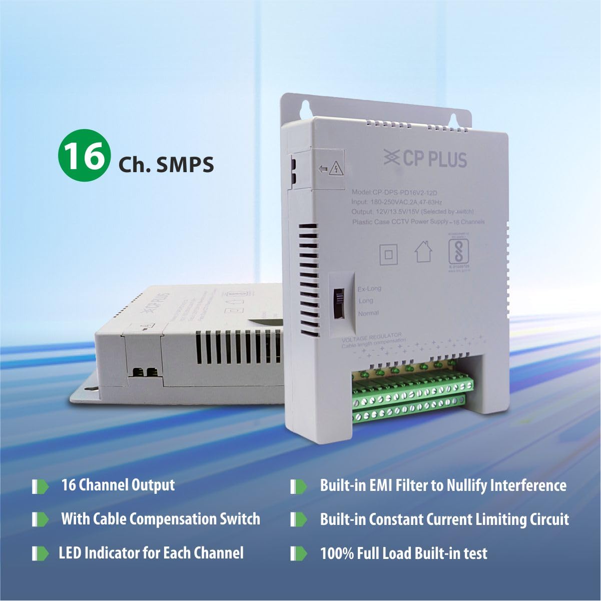 CP PLUS 16 Channel CCTV Power Supply SMPS | 12V 8A High Efficiency Adapter with LED Indicators | EMI Filter | Overload & Short Circuit Protection for Dome, Bullet & PTZ Cameras |CP-DPS-PD16V2-12D