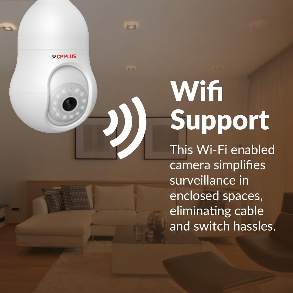 CP PLUS 3 MP Resolution Smart Wi-fi Bulb Security Camera | 360° View | 2 Way Talk | Motion Tracking & Detection Alert | Built-in Siren | Advanced Night Vision | IR Distance 15 Mtr. | CP-T31A