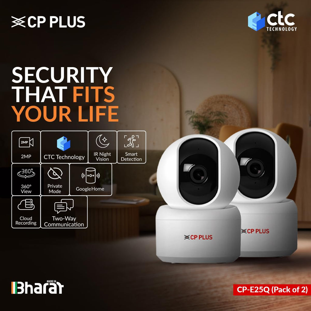 Two CP Plus security cameras with features listed on a dark background