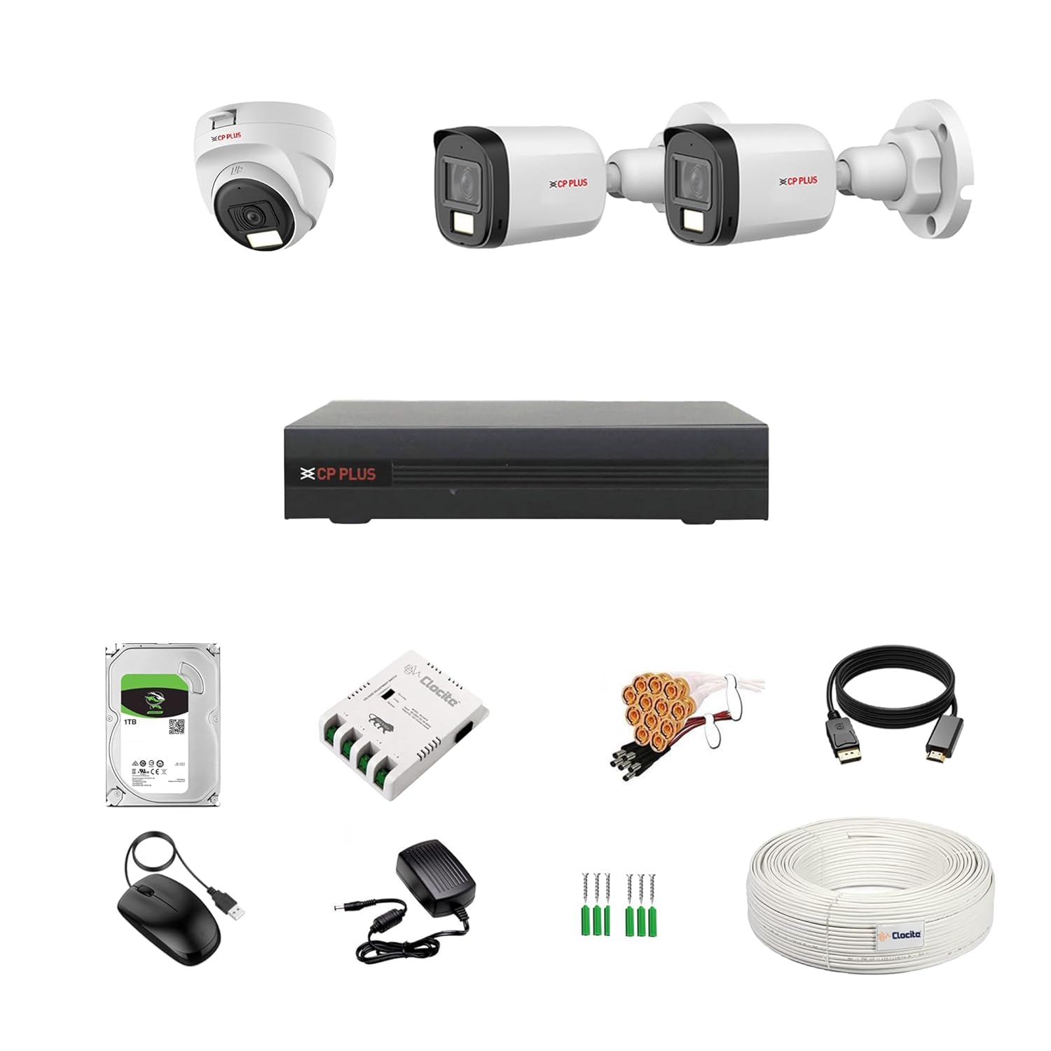 Security camera system with DVR, hard drive, and accessories on a white background