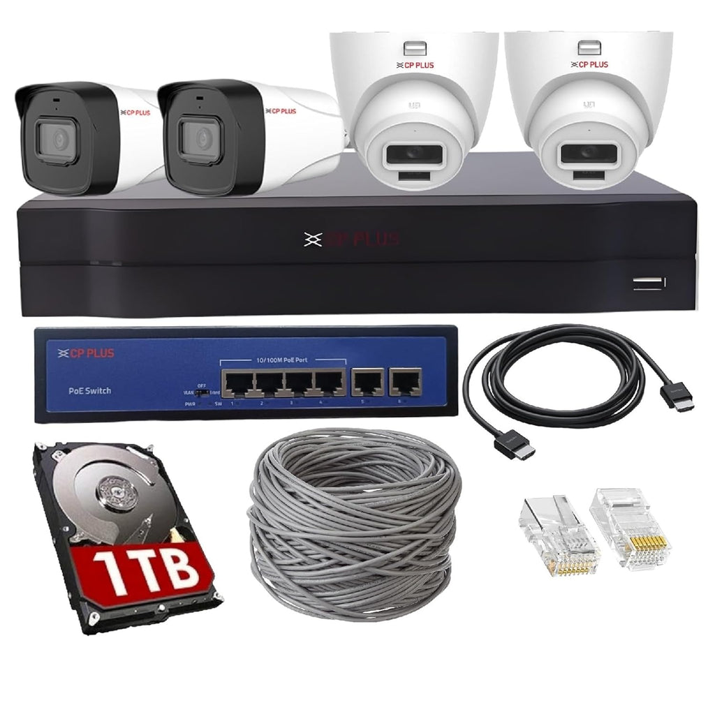 CP PLUS 4 Channel Full HD NVR with 2X 2 MP Outdoor and 2X Indoor Built-in Audio Mic Wired IP CCTV Cameras, Motion Detection, 4 Port PoE, 1TB HDD, 100 Meter CAT6 Cable, RJ45 Connector - White