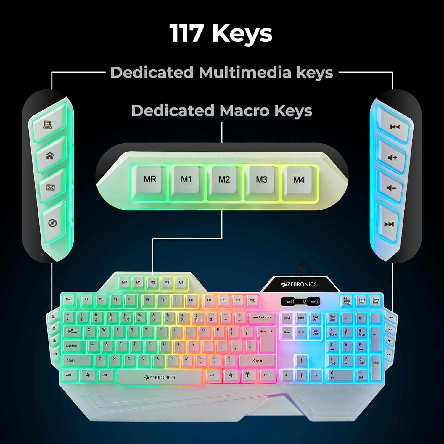 ZEBRONICS Optimus Gaming Keyboard & Mouse Combo, Braided Cable, Gold Plated USB, Upto 3600 DPI, 6 Buttons, High Resolution Sensor, Multicolor LED, Dedicated Macro Keys, 117 Keys (White)