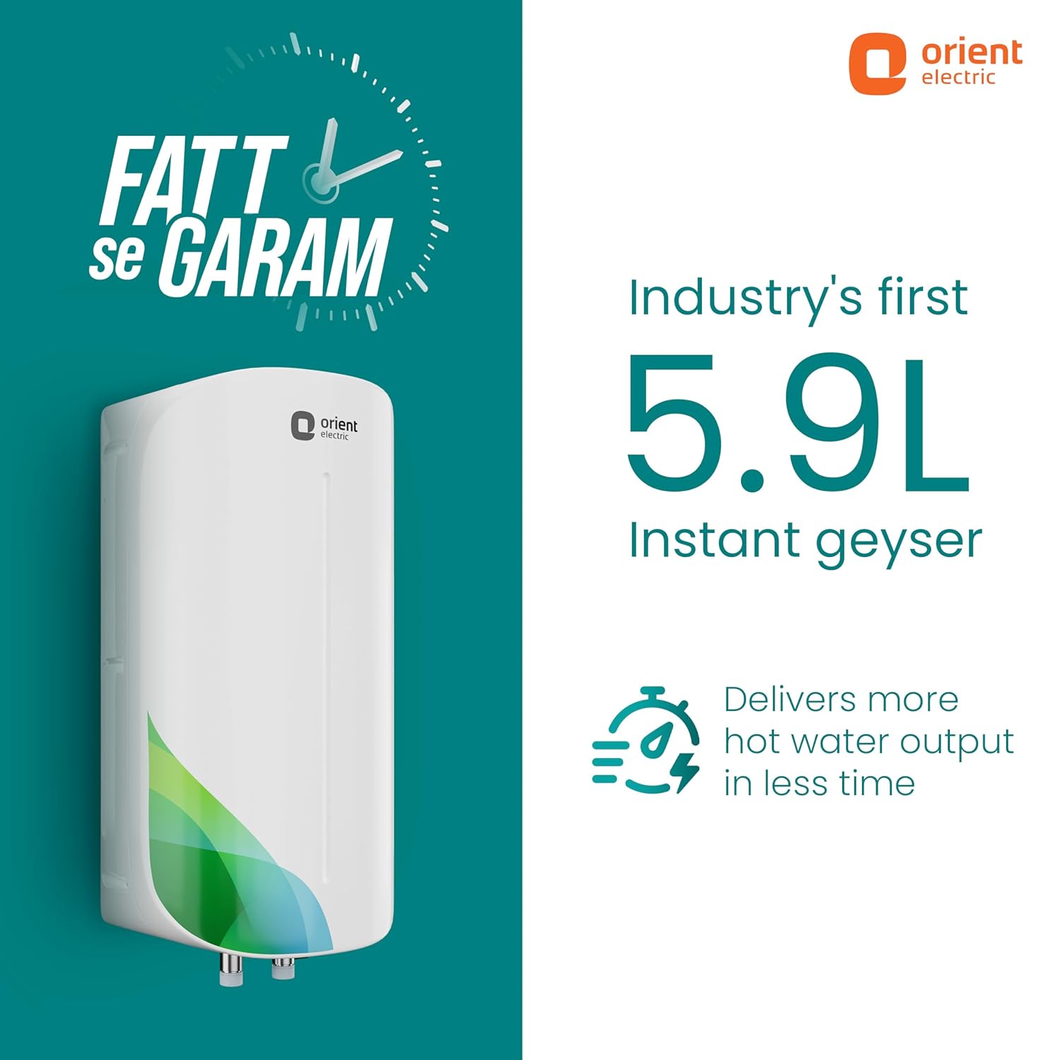 Orient Electric Aura Rapid Pro Geyser|5.9L instant water heater| High grade SS tank | 3000W heavy Copper heating element |6.5 bar pressure compatibility| High-rise Compatible| 5 years tank warrant