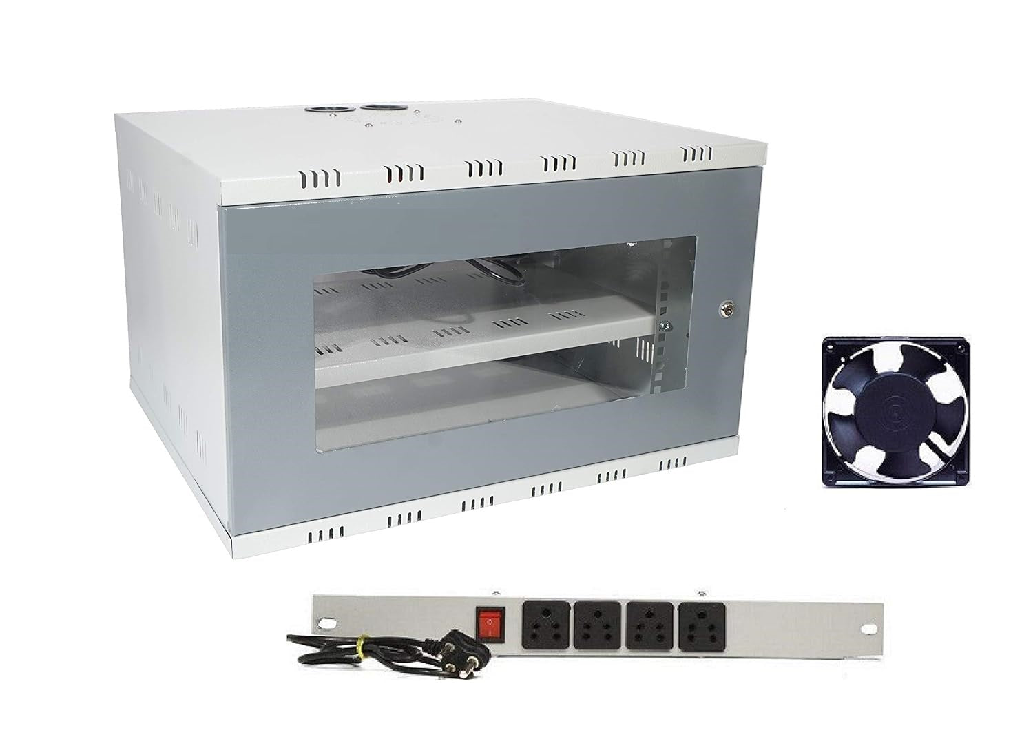 Network equipment including a wall-mounted cabinet, power strip, and fan on a white background