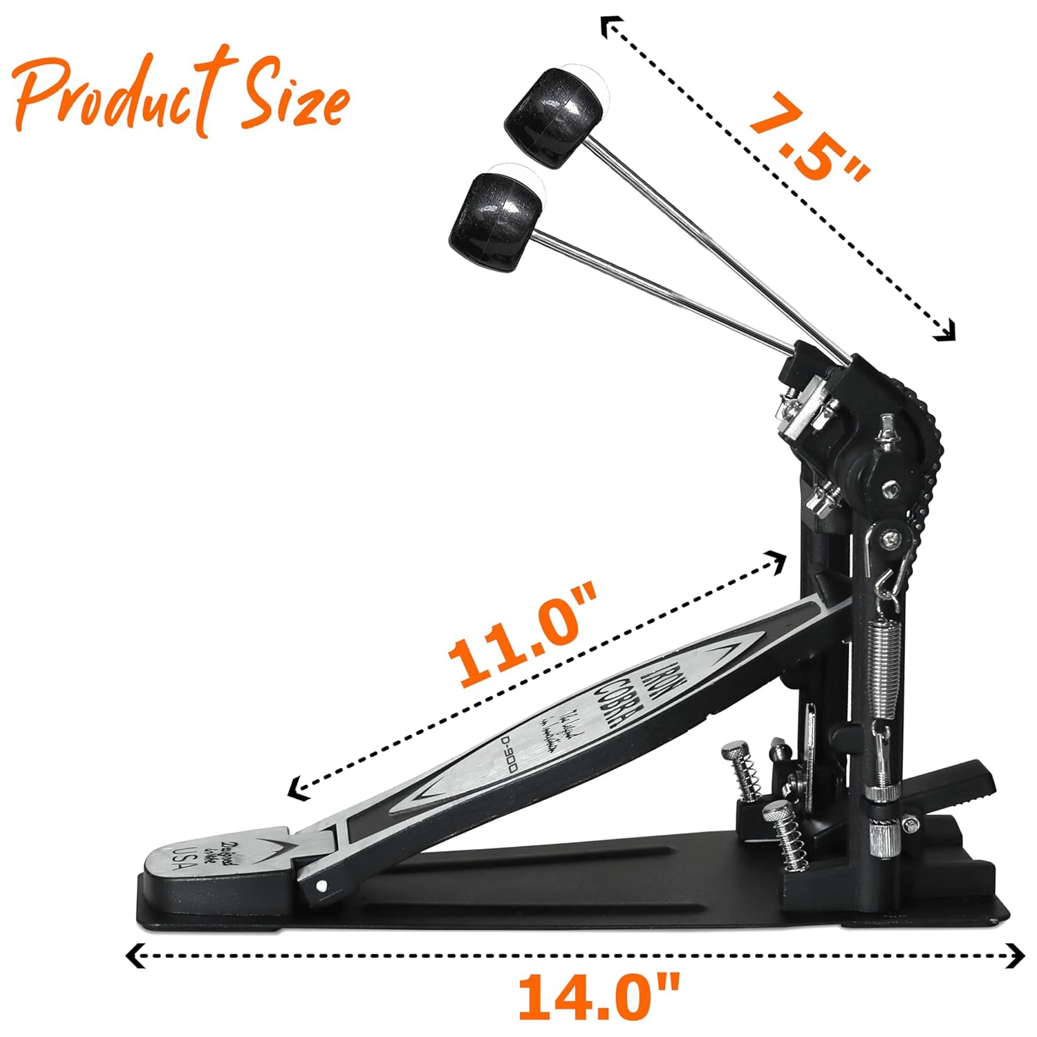 Drum pedal with measurements indicated on a white background