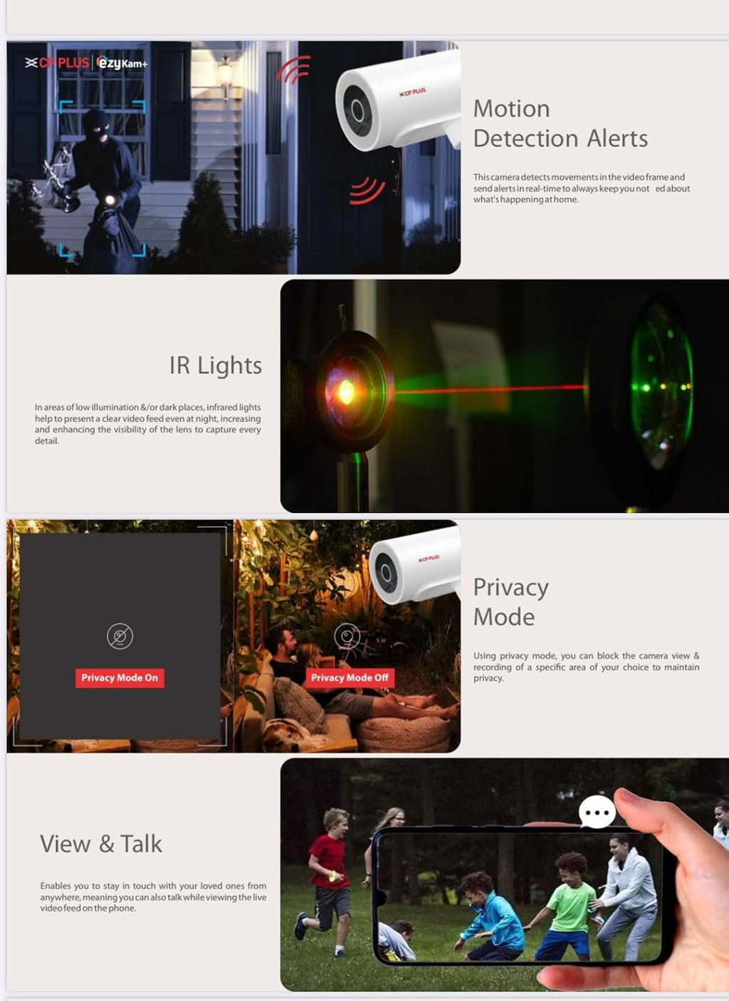 Collage of security camera features including motion detection, IR lights, privacy mode, and view & talk functionality.