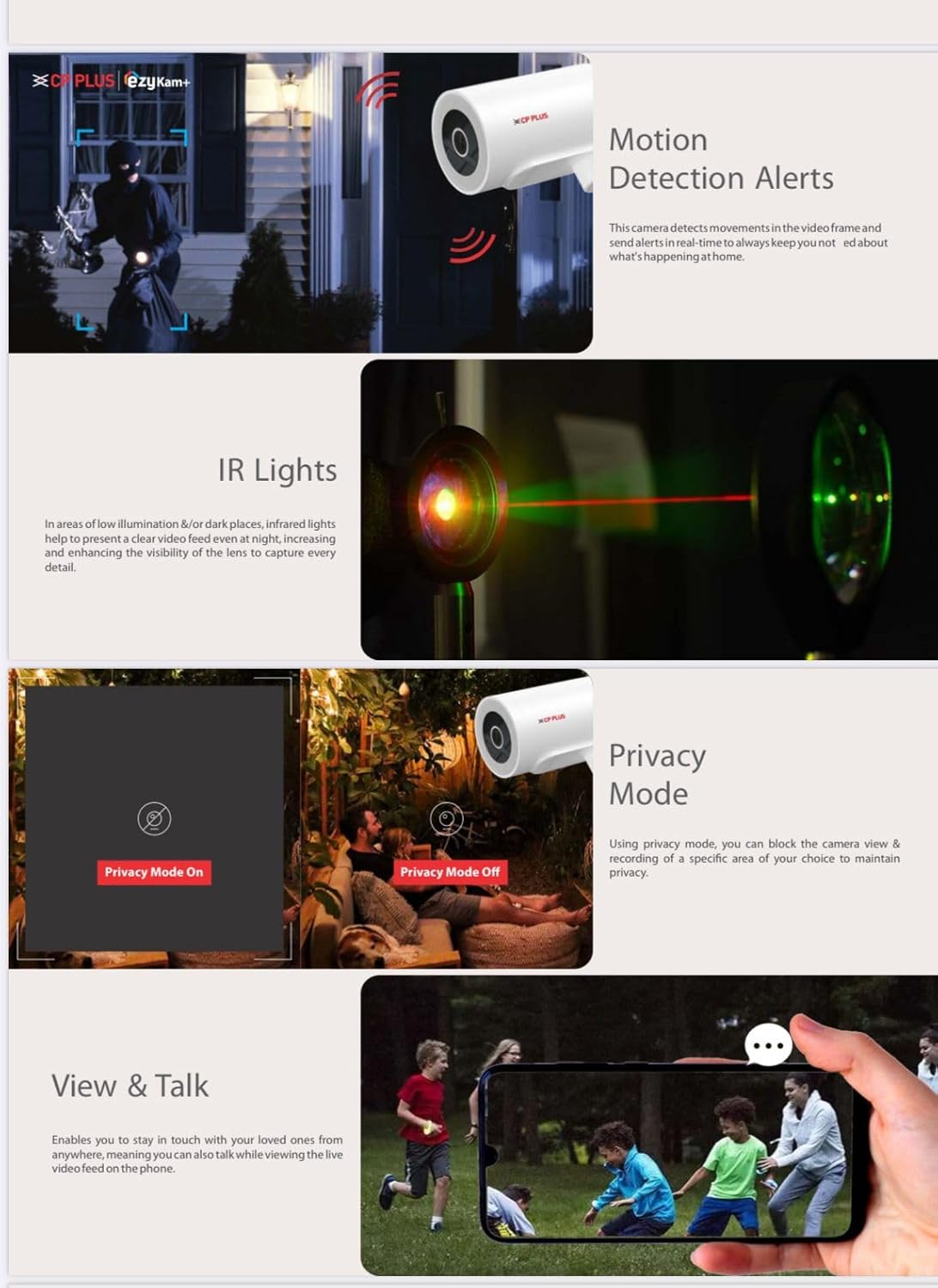 Collage of security camera features including motion detection, IR lights, privacy mode, and view & talk functionality.
