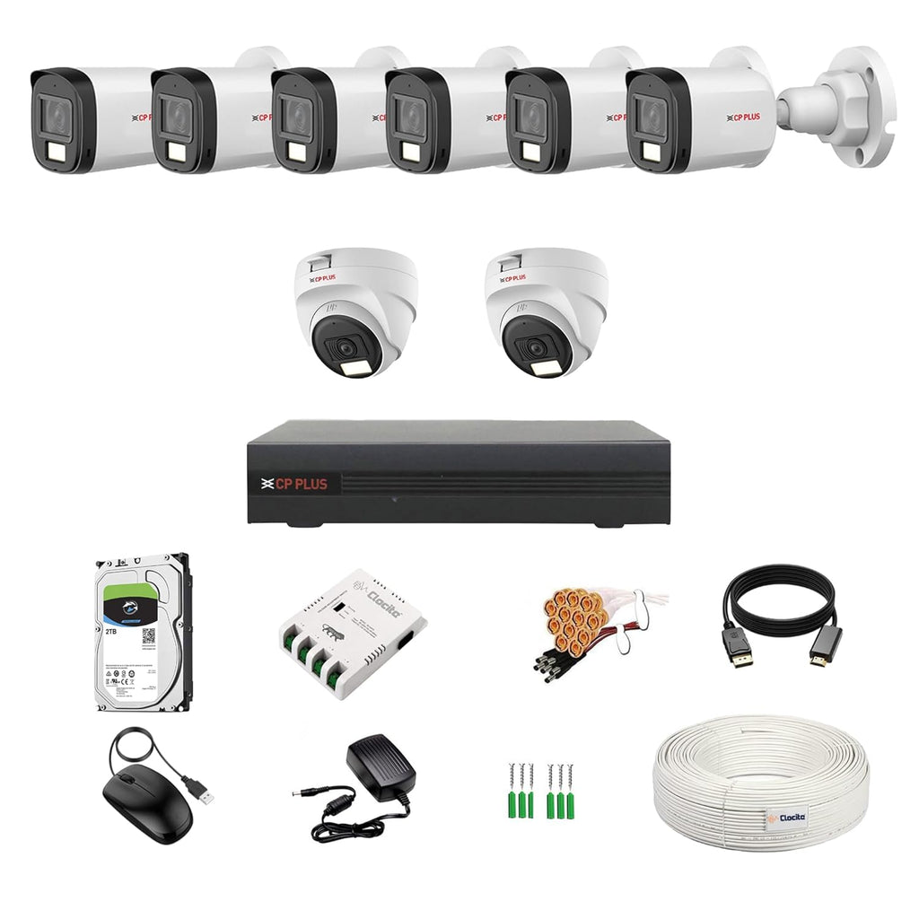 Security camera system with multiple cameras, hard drive, and accessories on a white background